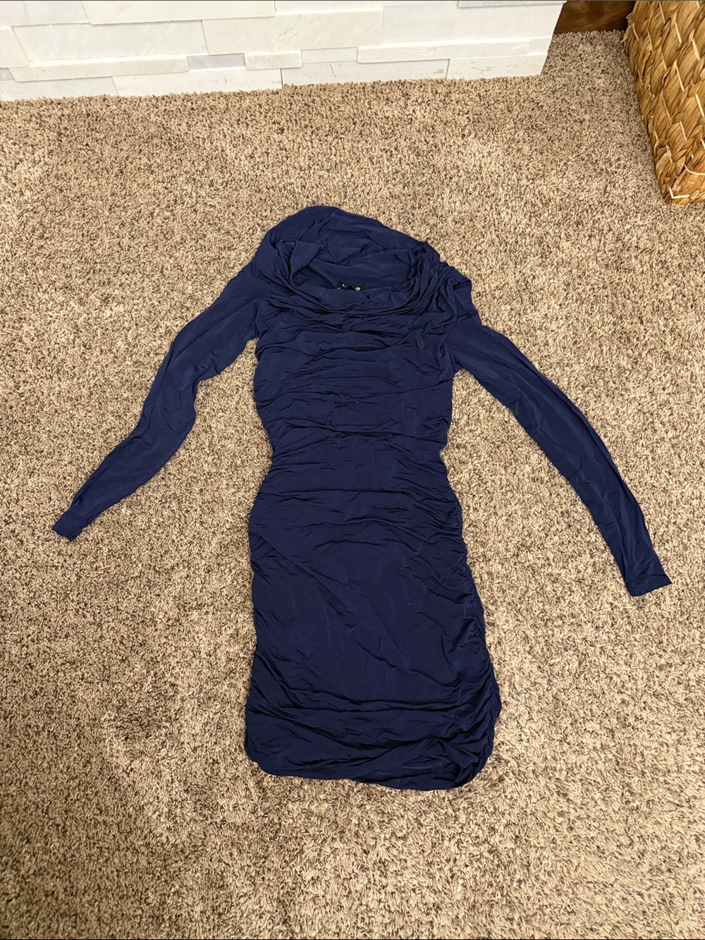 bebe Cowl Navy Long-Sleeve Ruched Bodycon Dress